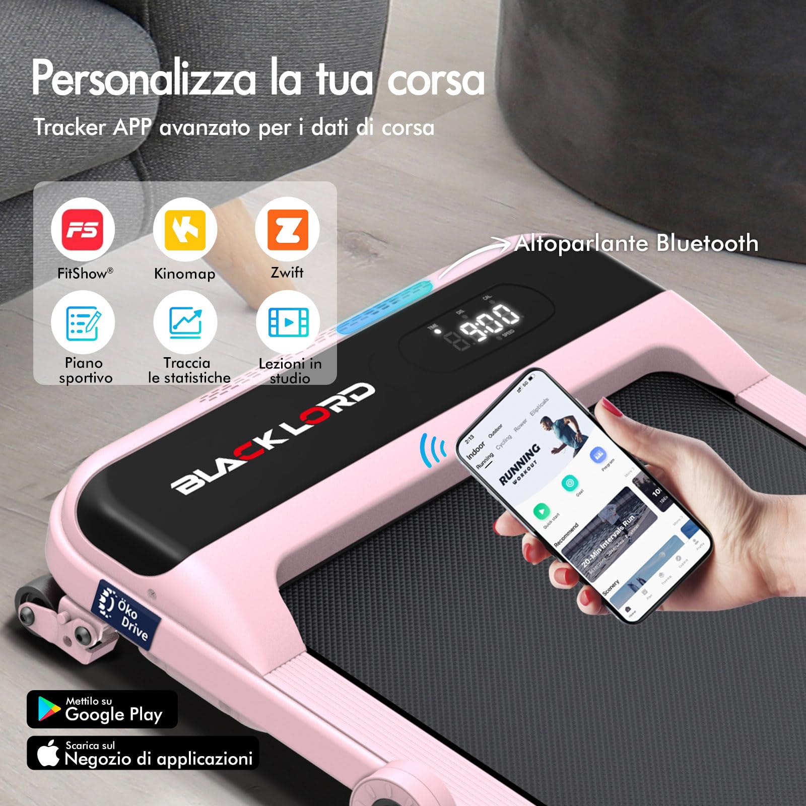 BLACK LORD Tapis roulant, 4-in-1 Walking pad 12/16 km/h, Tappetino da corsa con/senza inclinazione del 9%, Sotto la scrivania, Portatile, Silenzioso, Display LED, App, Capacità di carico 140 kg