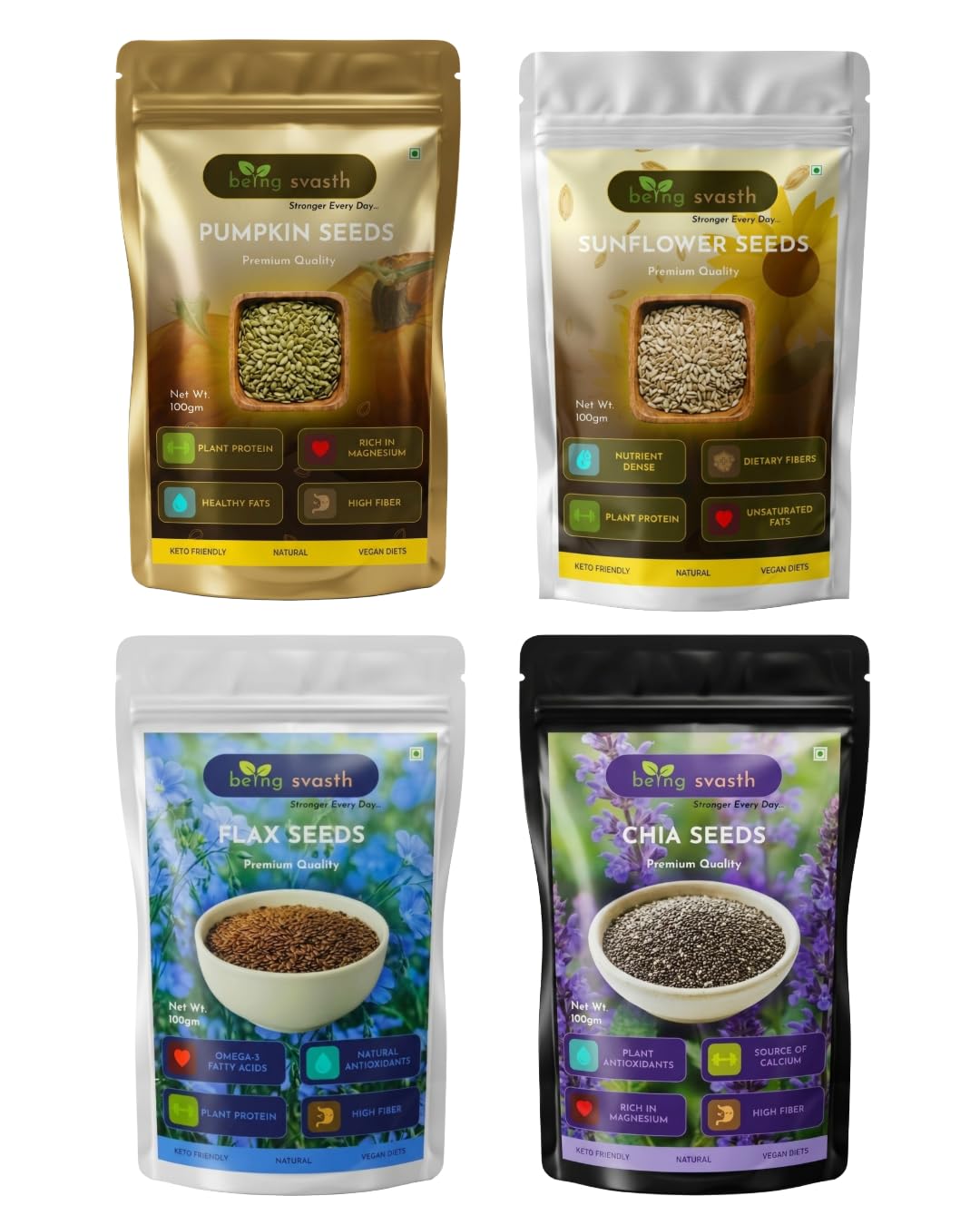 Being Svasth 4-in-1 Raw Seeds Combo Pack, 800g (4 X 200g) | Pumpkin, Sunflower, Chia & Flax Seeds, 100% Natural, Unroasted, Unsalted-image-35
