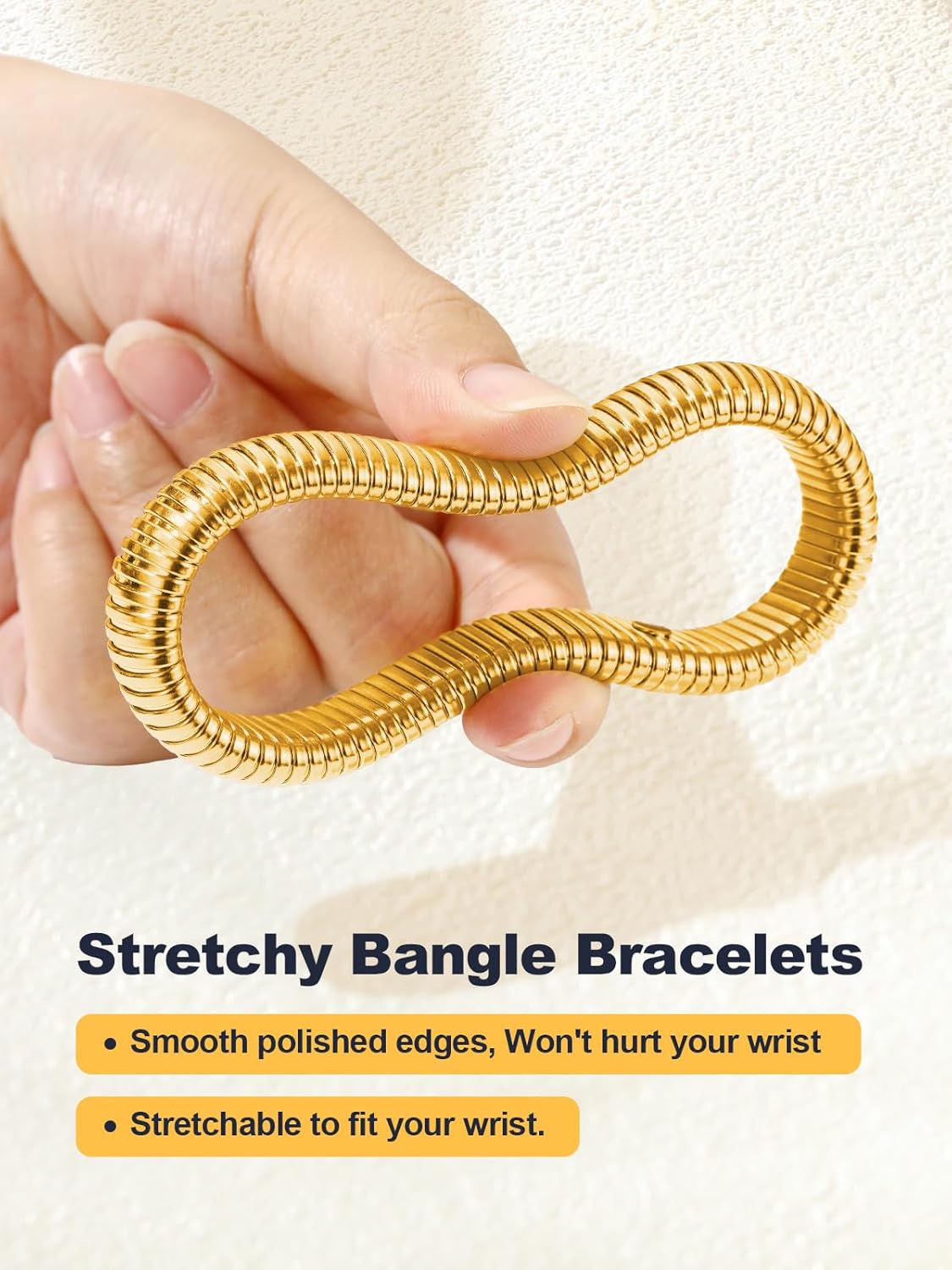 U7 Stretch Bracelets for Women Stainless Steel 18K Gold Plated Bangle Bracelets,Non Tarnish Link Bracelets,10mm,16mm,20mm - Image 7