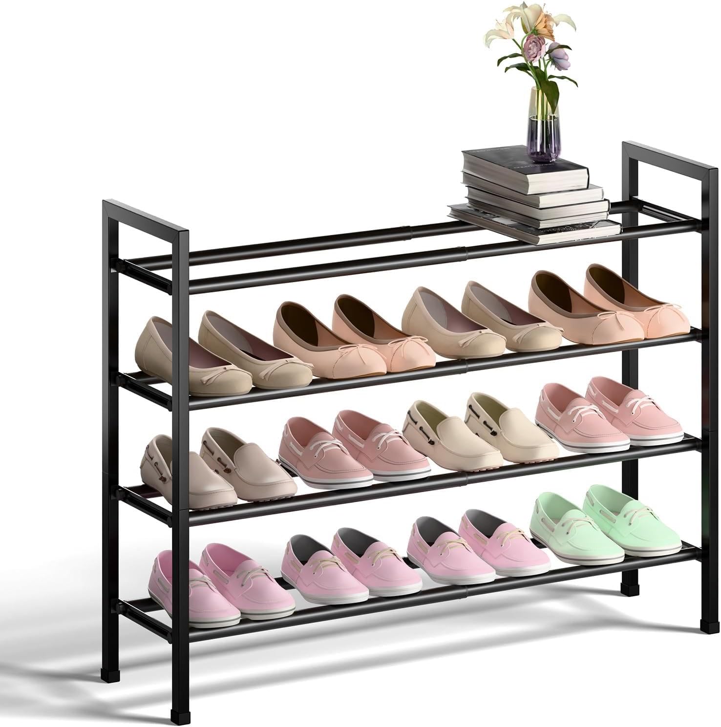 Bumusty 4-Tier Expandable Shoe Rack for Closet, 18“-33” Adjustable Shoe Rack for Small Space, Small Shoe Organizer for Front Door, Sturdy Metal, Black