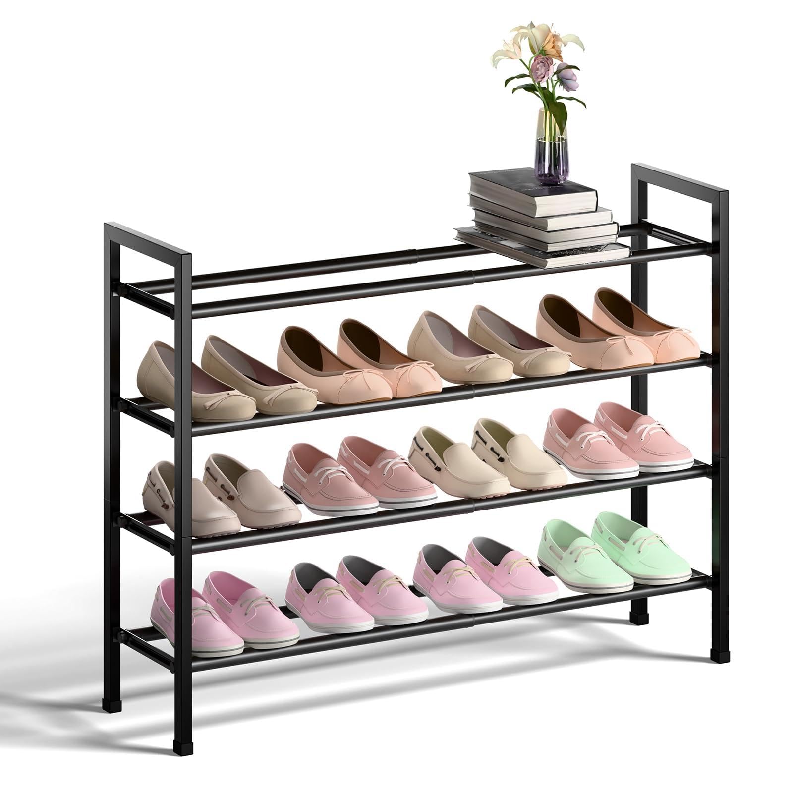 bumusty 4-tier expandable shoe rack for closet, 18“-33” adjustable shoe rack for small space, small shoe organizer for front door, sturdy metal, black