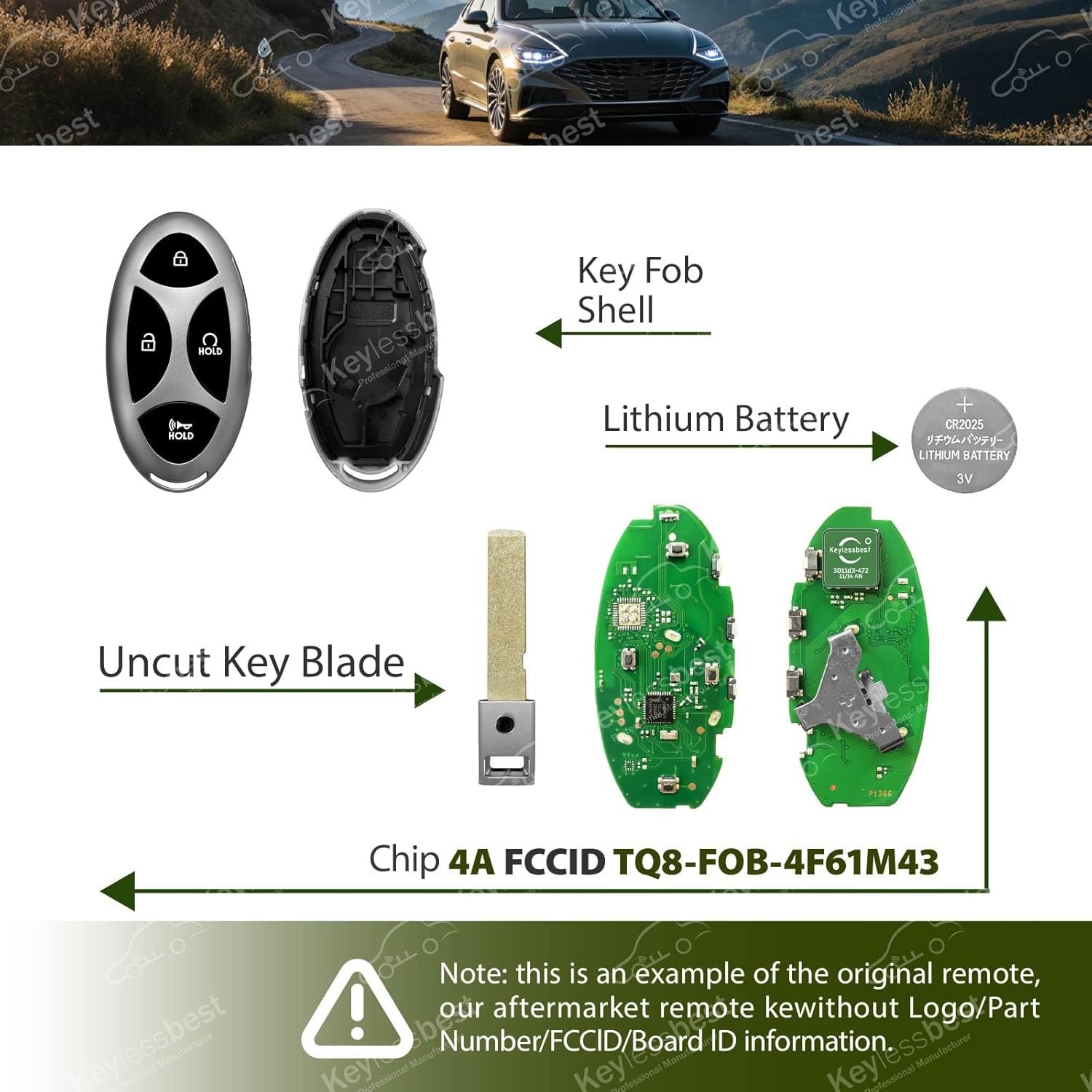 Replacement for 2024 2025 2026 Hyundai Sonata Key Fob Remote Control TQ8-FOB-4F61M43 5 Buttons 433MHz