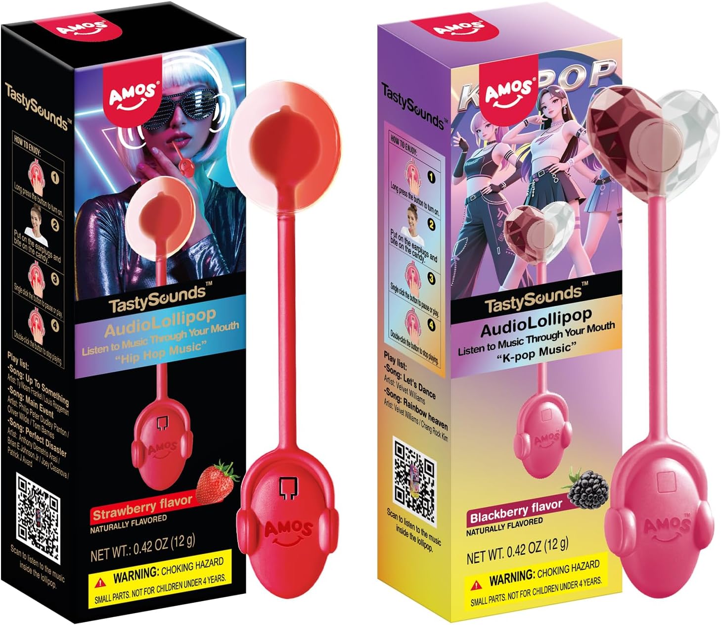 Amos Music Lollipop Candy Suckers, Singing Lollipop Sugar Free, Unique Gift for Men &Women, Individually Wrapped Strawberry and Blackberry Flavor Combo Pack