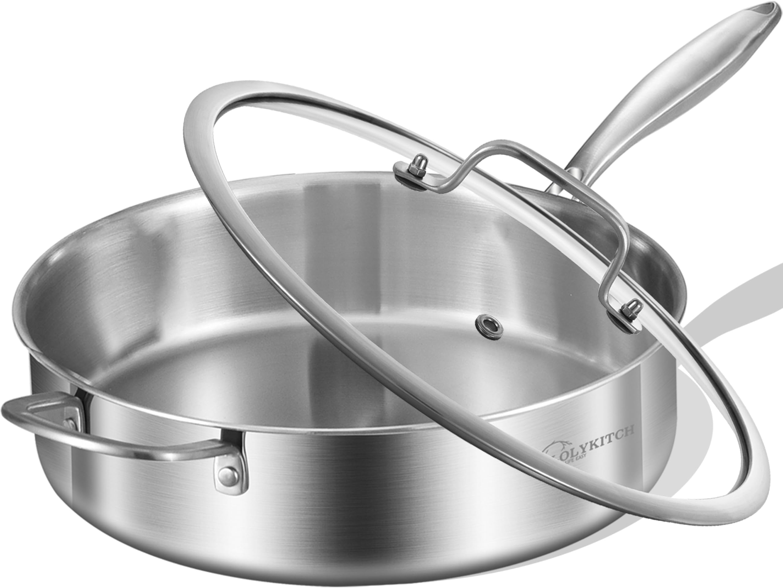 Whole Body Tri-Ply Stainless Steel 5.5 QT Sauté Pan with Lid,12 Inch Deep Frying Pan,Jumbo Cooker,Dishwasher and Oven Safe,Detachable Handle.