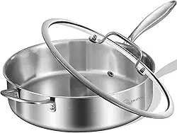LOLYKITCH Frigideira tripla de aço inoxidável de 14 litros com tampa, frigideira profunda de 30 cm, panela jumbo, pode ser lavada na lava-louças e no forno, alça removível.
