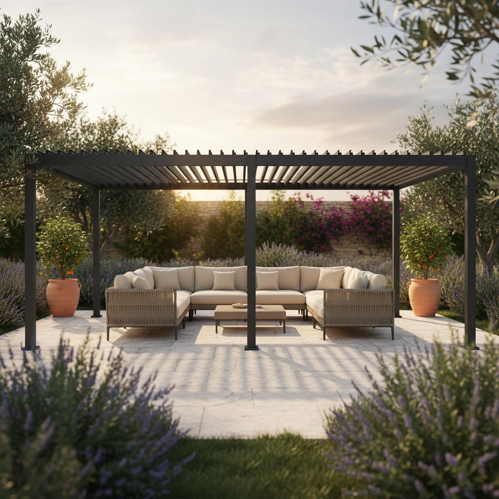Pergola Bioclimatica Luxury con struttura in alluminio Antracite, tetto lamellare orientabile, da giardino e veranda (3 x 6 mt)