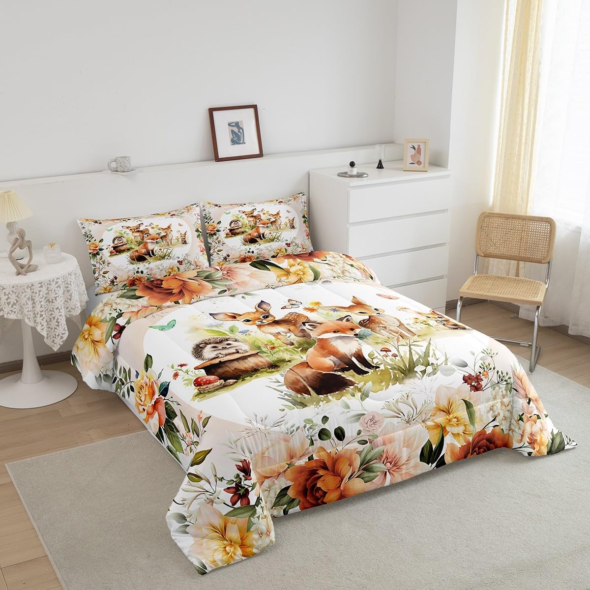 Feelyou Kids Cute Deer Fox Rabbit Comforter Set Twin Size Boys Girls Cartoon Animal Comforter Flower Floral Print Bedding Set Farm Zoo Wildlife Style Decor Quilt Set