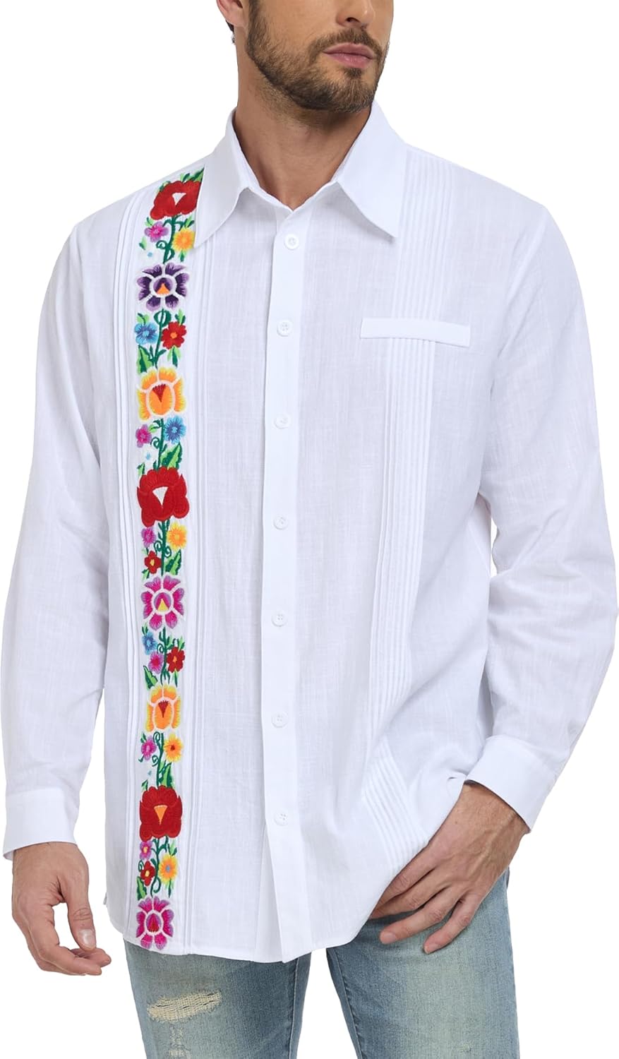 YZXDORWJ Men's Mexican Shirts Cuban Guayabera Shirt Casual Long Sleeve Embroidered Linen Summer Beach Shirts