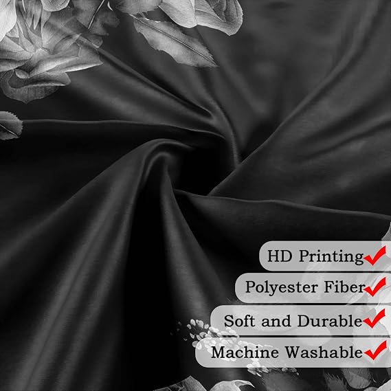 Black and White Rose Shower Curtain Sets for Bathroom, White Gray Blossom Floral Bath Curatins, Fabric Machine Washable Modern Art Decor Curtains with Hooks 60X70IN