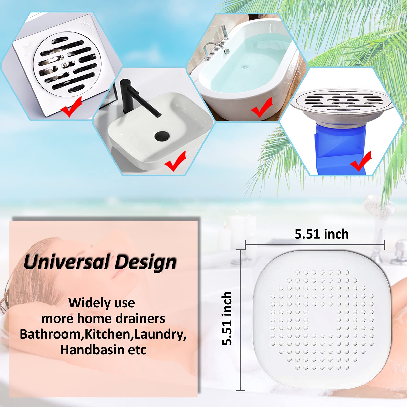Colector de drenaje de cabello, cubierta de drenaje cuadrada para ducha, tapón de silicona con ventosa, fácil de instalar, traje para baño, bañera, cocina, paquete de 2 unidades (blanco) 5