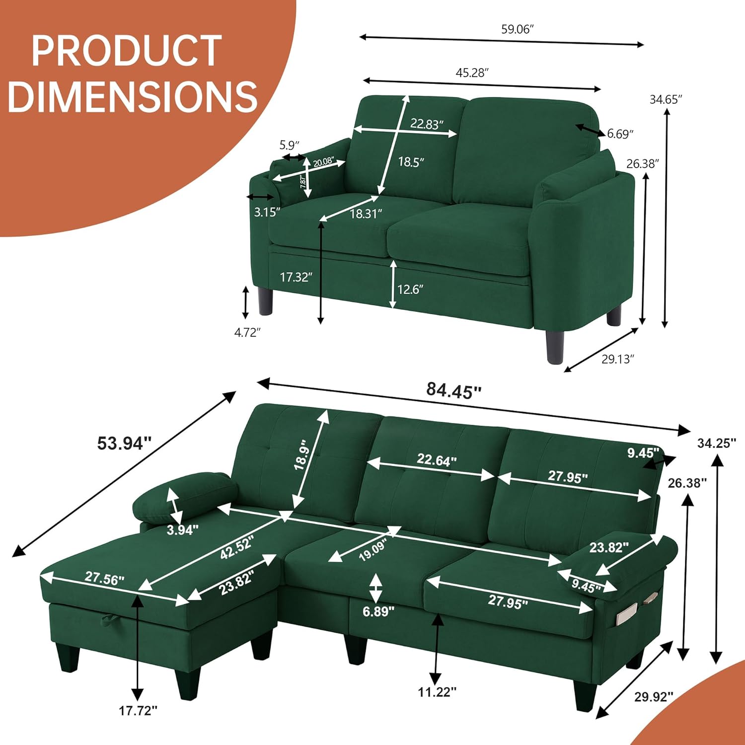 5 Seat Sectional Sofa Set for Living Room Set, 2 PCS Modern Couch Set, 84" Width 3 Seat Couch & Loveseat with Ottoman and Thick Cushion(3+2 Seat/Green)