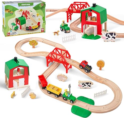 Miniatura 9 de Giant bean Juego de tren de granja de madera de 42 piezas para niños pequeños, funciona con pilas, vía de tren con puente, granero, animales, carga
