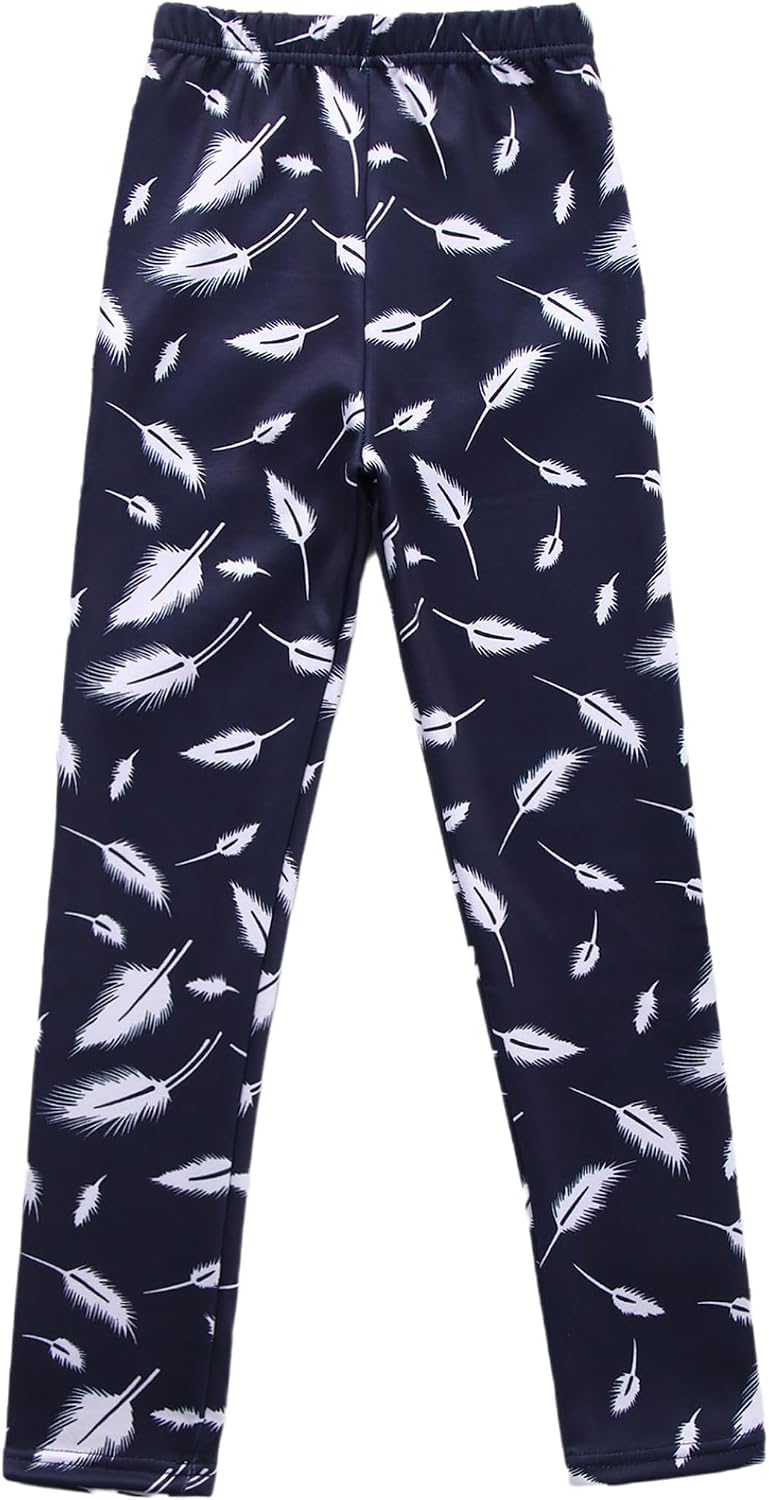 Kids Girls Fleece Lined Leggings Stretchy Thick Thermal Pants Warm Velvet Tights Cute Printed Trousers