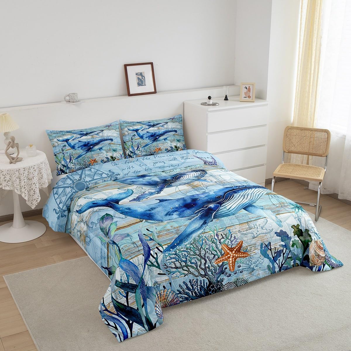 Feelyou Cute Whales Comforter Set Queen Size Kids Ocean Animal Comforter for Boys Girls Teens Marine Animals Underwater World Bedding Set Summer Blue Ocean Themed Duvet Set Room Decor