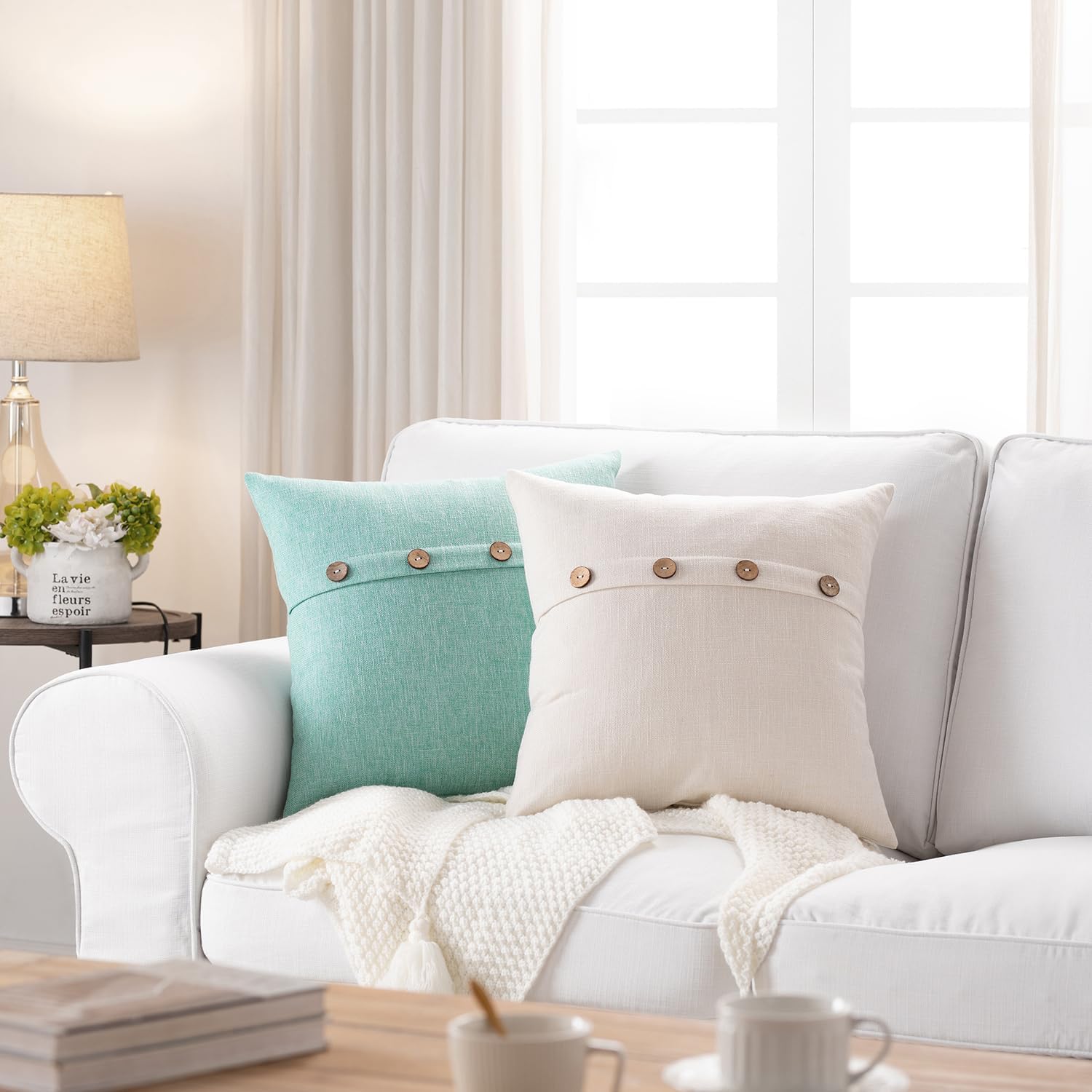 Meekio Set of 2 Aqua Green Pillow Covers 18 x 18 Linen Pillow Covers with Coconut Buttons Farmhouse Décor Housewarming Gifts - Image 3