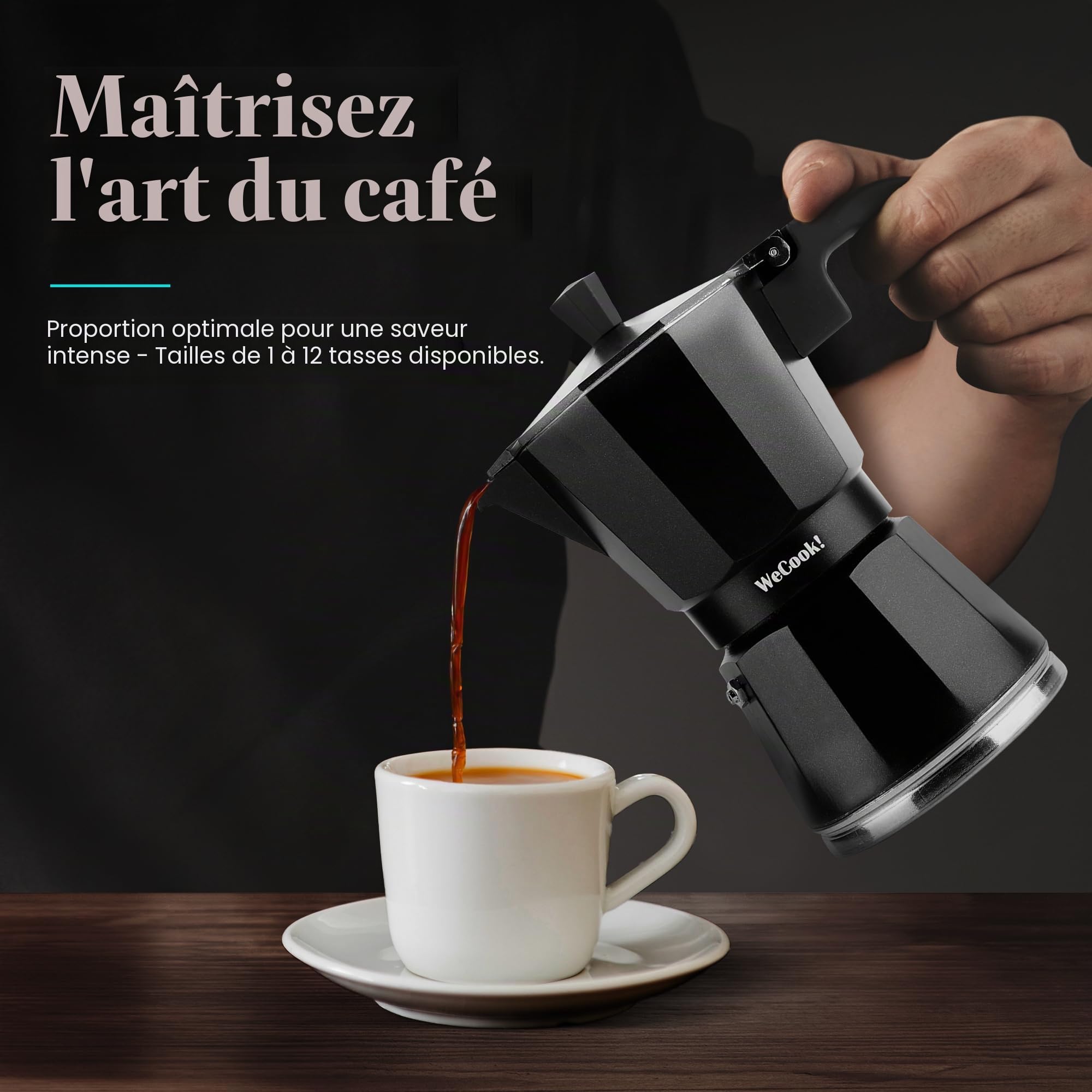 WECOOK! Luccia Cafetière Expresso Italienne à Induction en Aluminium, 1-3 Tasses de Café, Base en Acier Inoxydable, Soupape de Sécurité, Vitrocérame, Gaz, Électrique