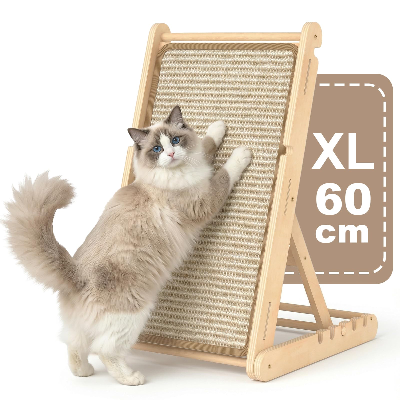 X XBEN Grattoir en Bois pour Chat, 60cm de Haut Griffoir Chat Pliable avec 5 Hauteurs Réglables, sans Montage, Forme de L Planche à Gratter en Sisal Naturel pour Préserve Canapé et Mur