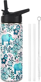 Elephant Water Bottles with Straw, 18 Oz Insulated Stainless Steel Tumbler Cup Mug Elephant Gifts for Women Girls Elephant Lovers