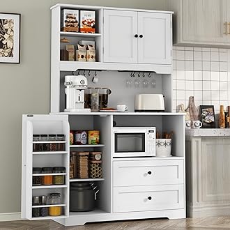 Kitchen Pantry Storage Cabinet,Freestanding Buffet Cabinet with Wine Glass Holder,Food Pantry with Doors and Shelves,Tall Kitchen Hutch with Microwave Stand for Dining Room (White)