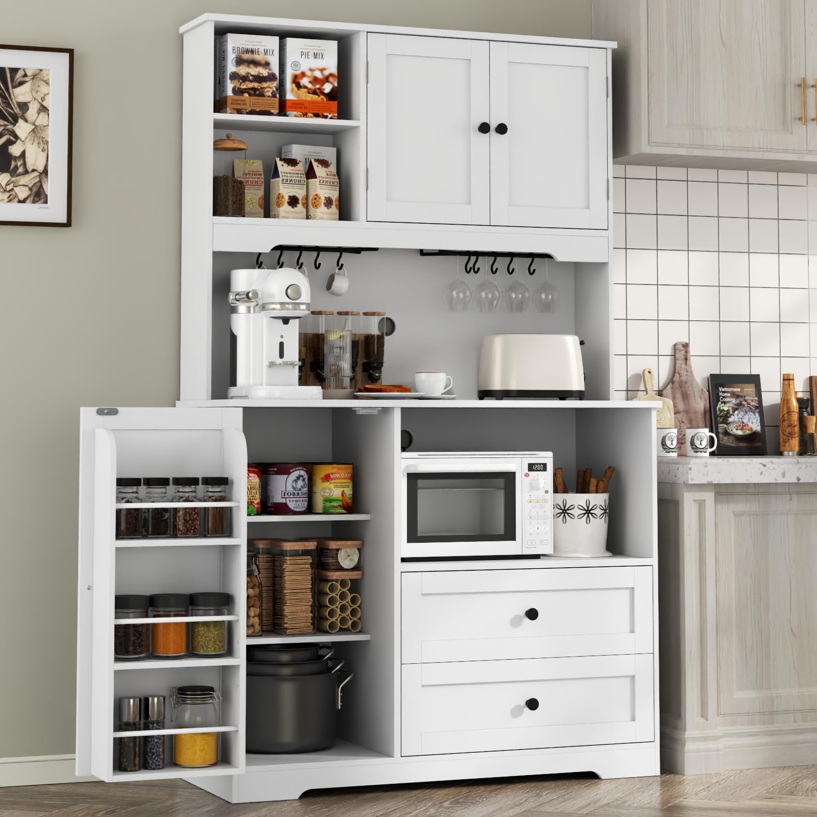 Kitchen Pantry Storage Cabinet,Freestanding Buffet Cabinet with Wine Glass Holder,Food Pantry with Doors and Shelves,Tall Kitchen Hutch with Microwave Stand for Dining Room (White)