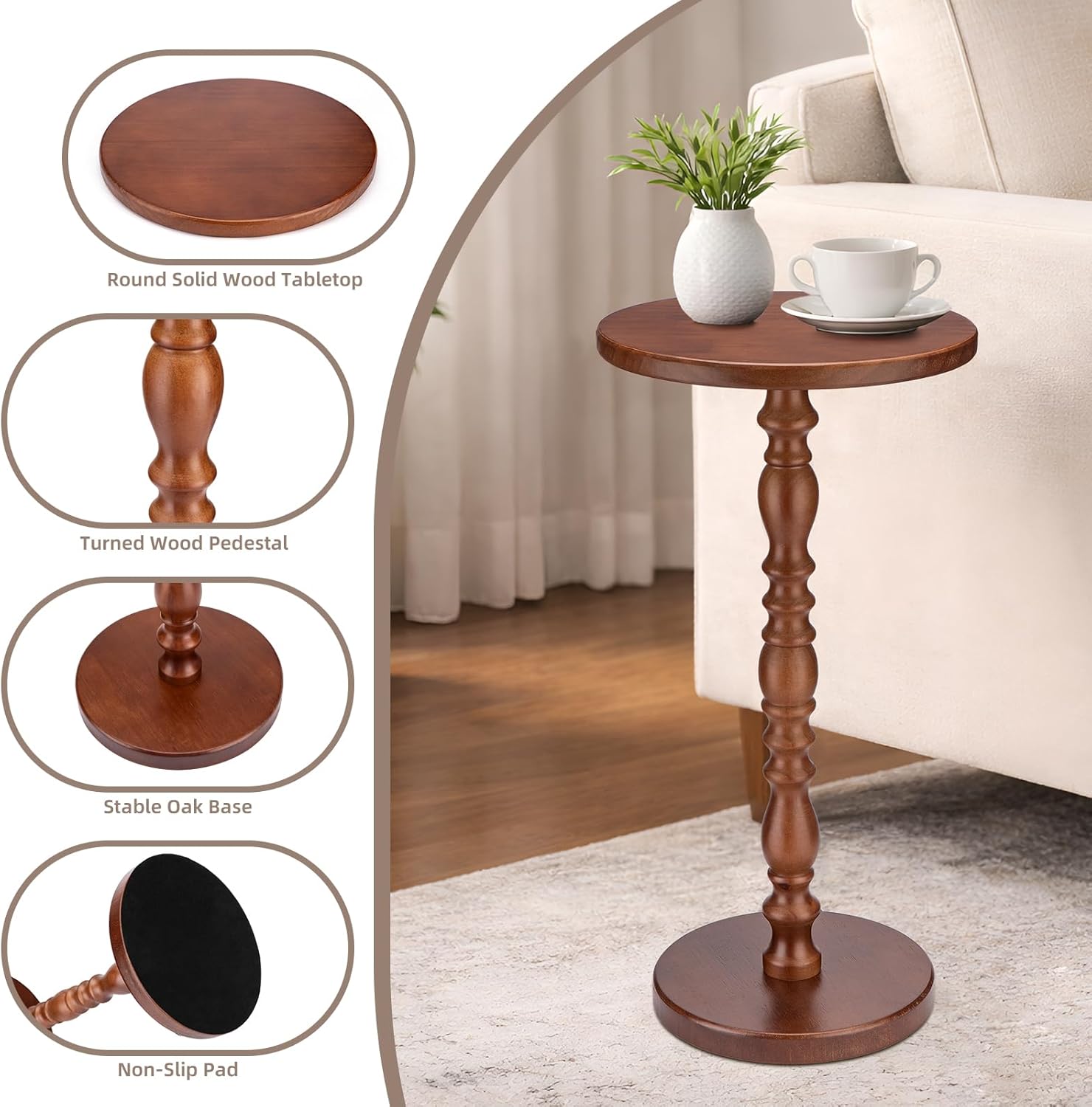 Solid Wood Round Side Table, Rustic Pedestal Drink Table for Small Spaces, Accent Nightstand Table for Living Room, Bedroom, Corners, and Office, Brown