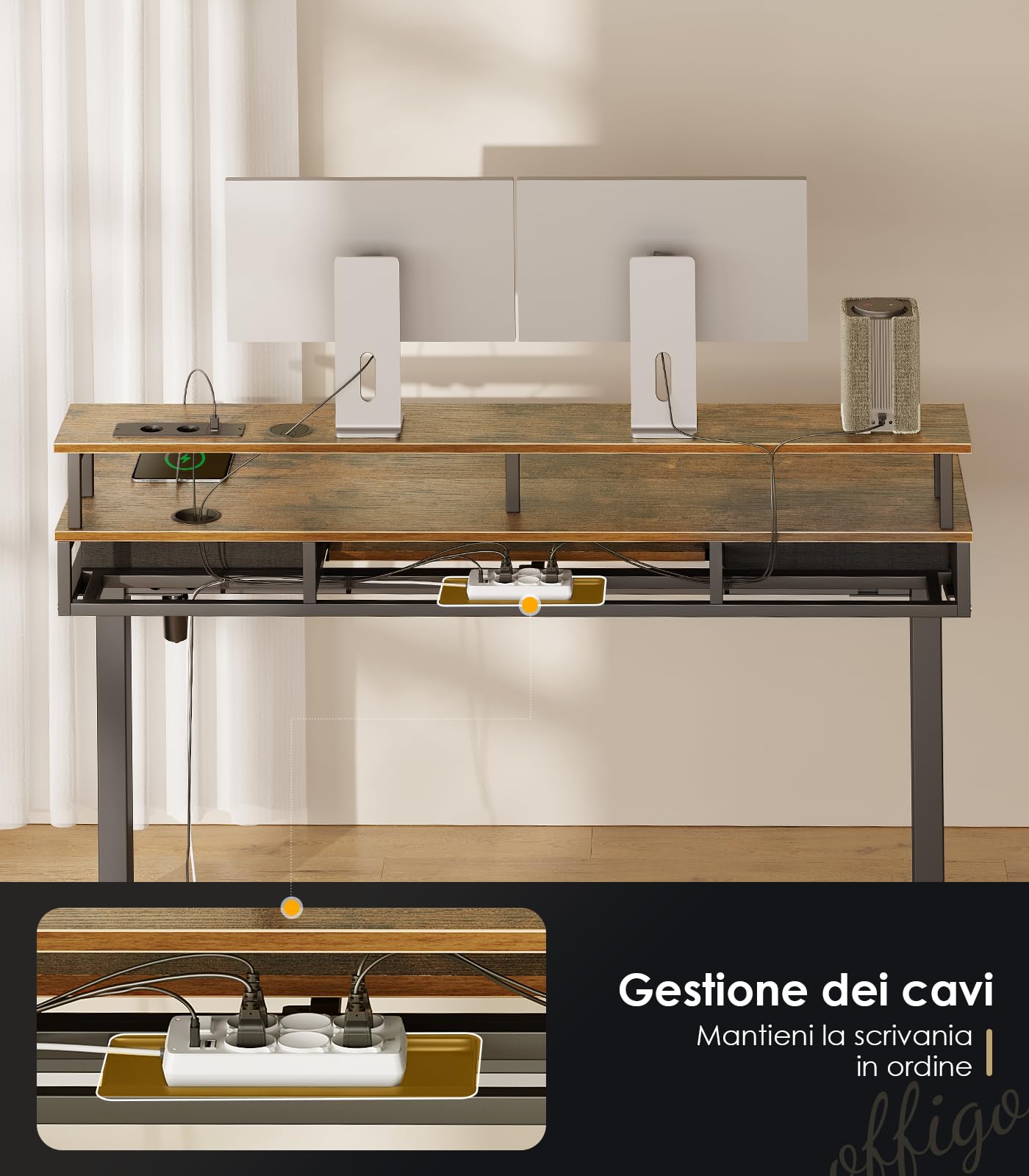 OffiGo Scrivania regolabile in altezza con cassetti, 120 cm, scrivania elettrica con ripiano per tastiera, scrivania per computer con supporto per monitor, Prese e LED Luce, Marrone