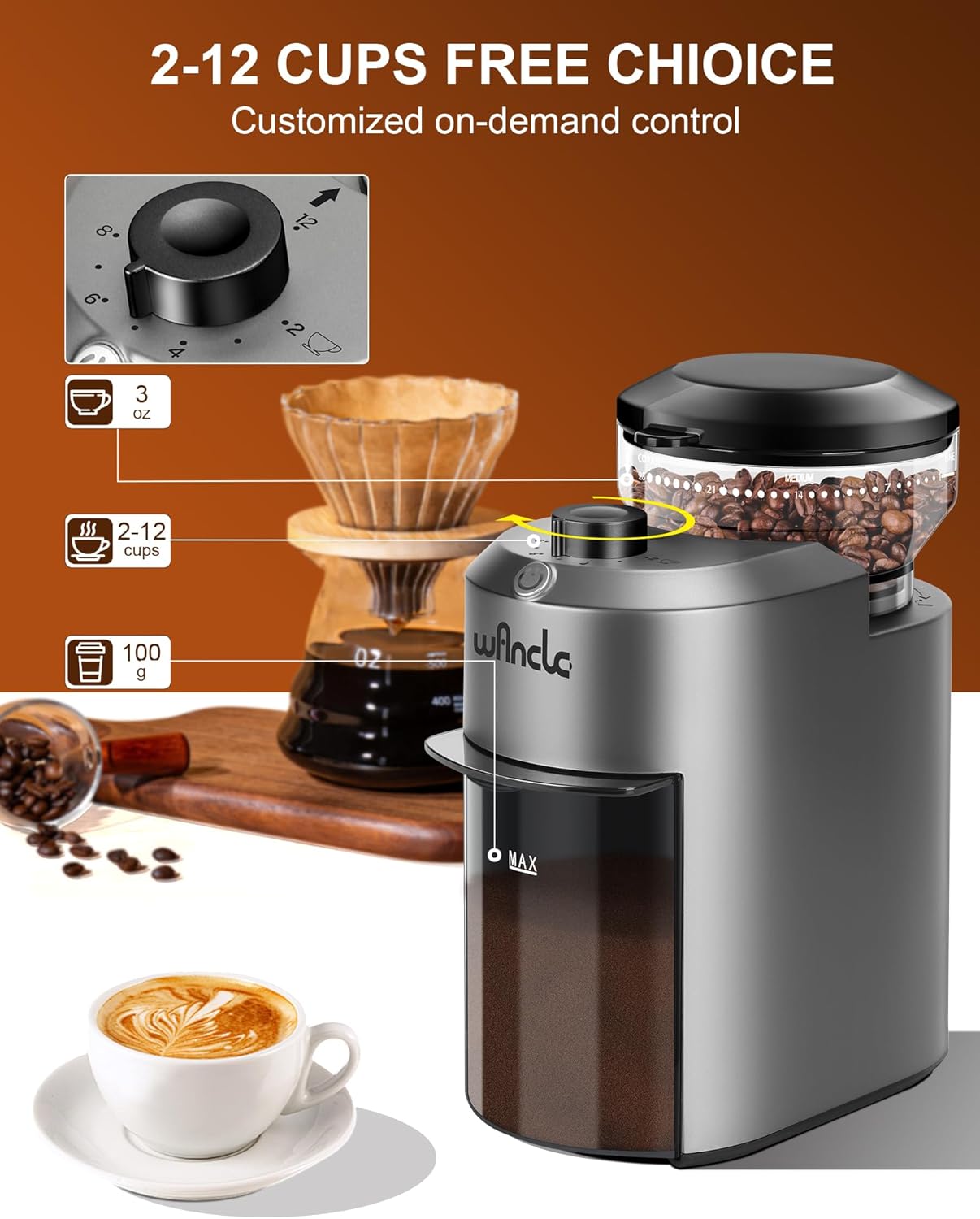 Molinillo de café Wancle que muestra el dial de selección de tazas y su función