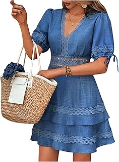 Women's Summer Dress Hollow Out Lace V Neck Puff Short Sleeve A Line Layered Short Dresses
