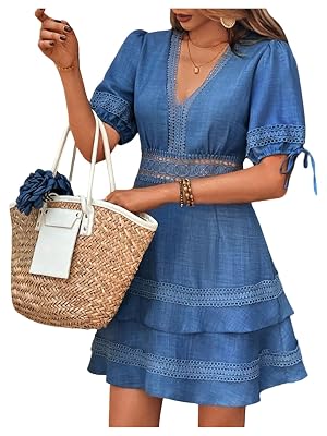 SOLY HUX Womens Summer Dress Hollow Out Lace V Neck Puff Short Sleeve A Line Layered Short Dresses