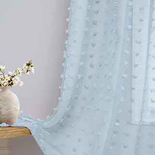 DANCURTON Light Blue Sheer Curtains 63 Inch Length for Bedroom Boho Pom Pom Sheer Curtains 2 Panels Back Tab Blue Drapes for Bathroom Nursery Kids Room Modern Farmhouse Coastal Decor Window Treatments