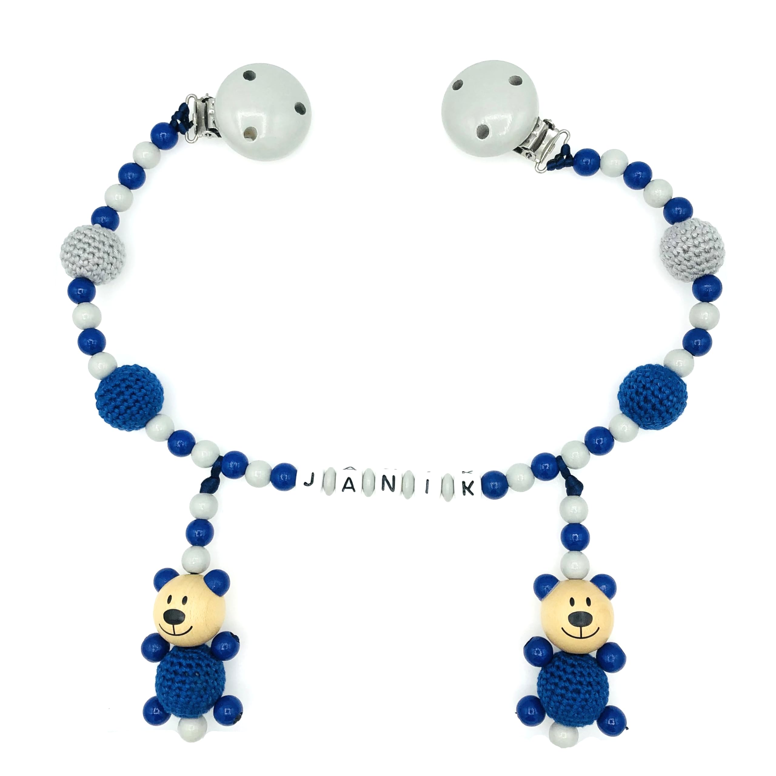 Set Nuckelkette + Kinderwagenkette mit Namen " 3D - BÄR MIT HÄKELKÖRPER/TEDDYBÄR " Hellgrau Dunkelblau/Baby/Unisex/Personalisiert/HANDMADE