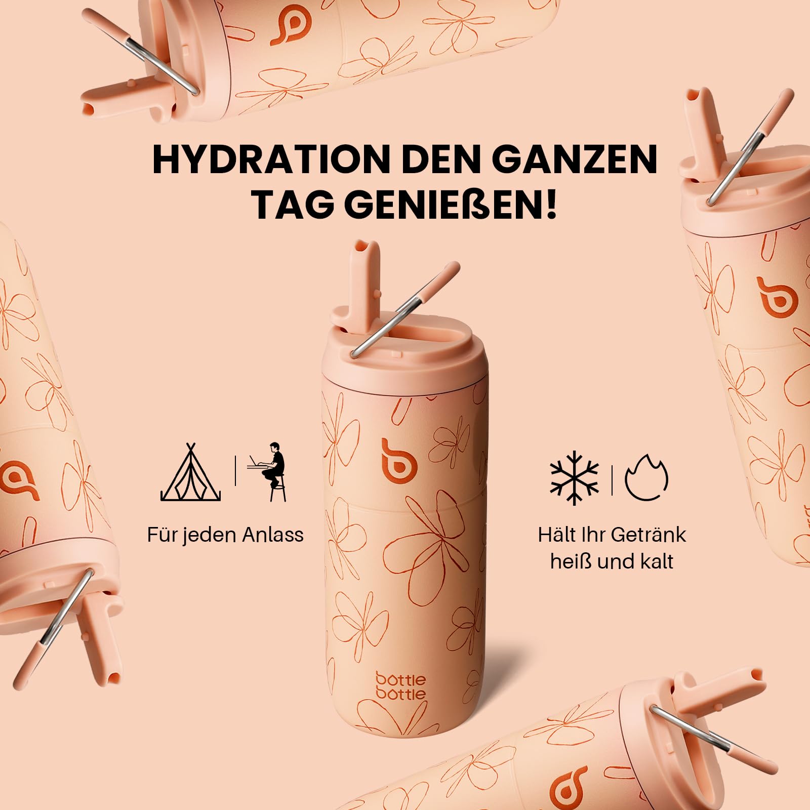bottlebottle Edelstahl Trinkflasche mit Strohhalm 500ml, auslaufsichere Sportwasserflasche, ideal für Schule, Büro, Wandern und Ausflüge, BPA-frei (Gelbe Blumen)