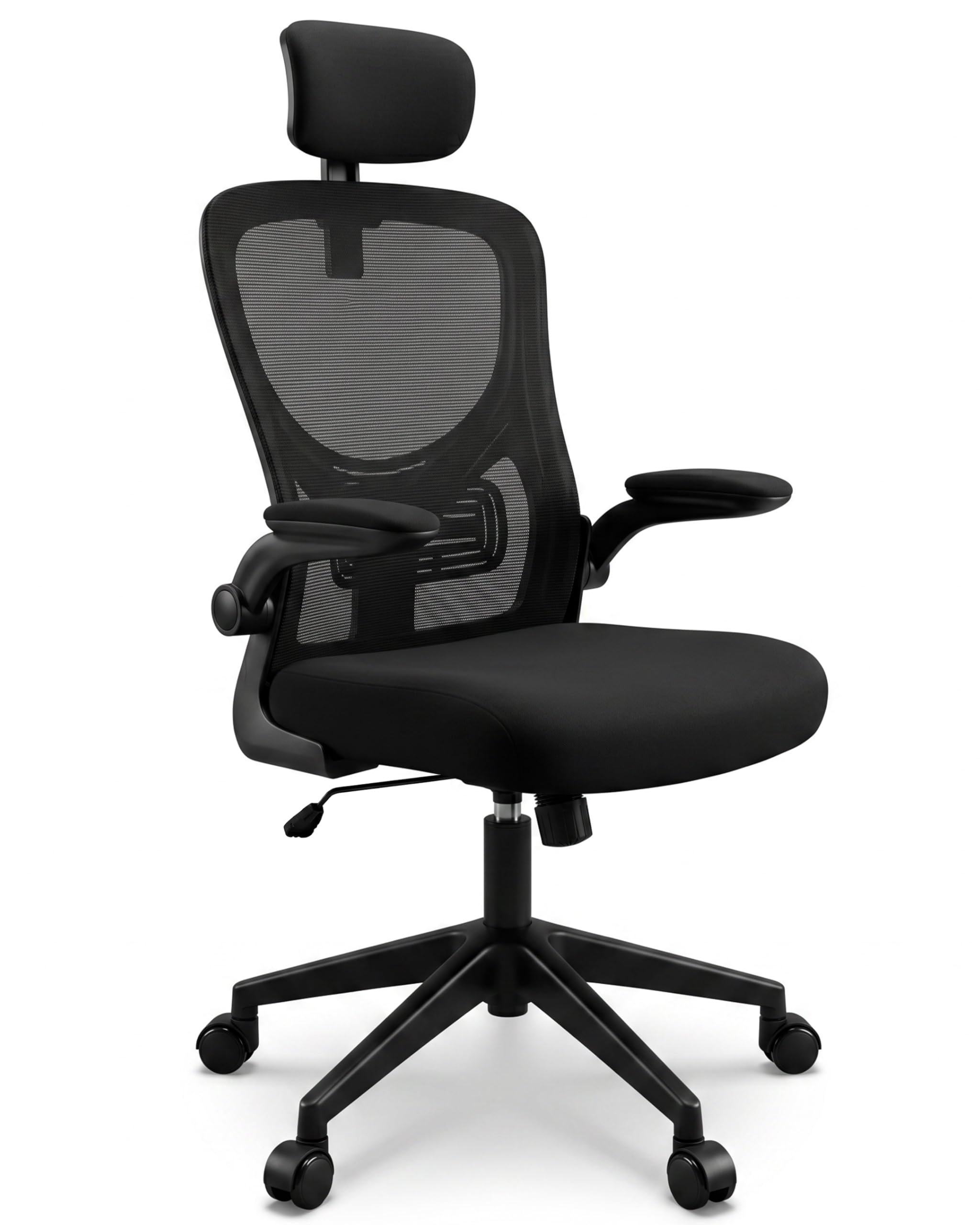 unycos - Silla de Oficina o Escritorio Ergonómica con Reposacabezas y Reposabrazos Abatibles【Soporta hasta 130 kg】 Respaldo con Malla Transpirable, Regulable en Altura, Ruedas Giratorias 360° (Negro)