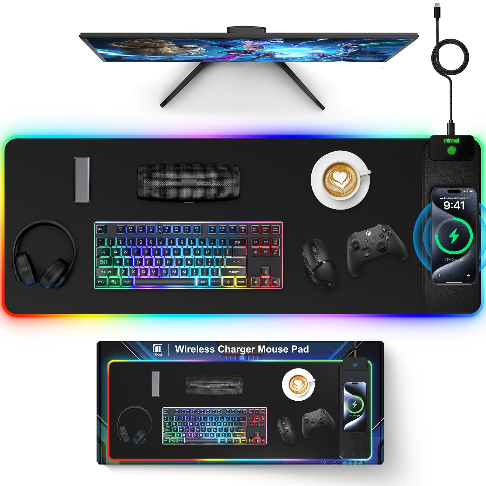 Tappetino per mouse con ricarica magnetica, tappetino per mouse da gioco XL, 80 x 30 cm, 11+5 modalità di illuminazione RGB, grande tappetino da scrivania per casa e ufficio con superficie ultra