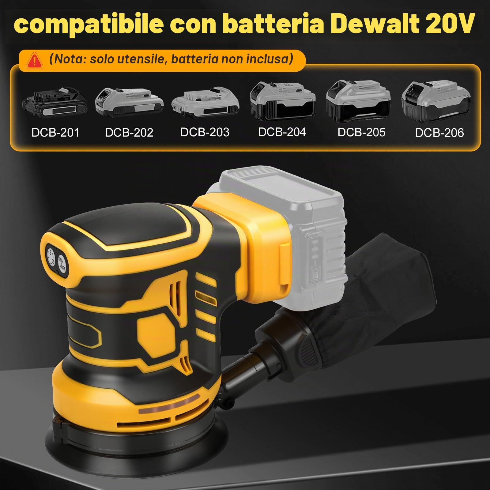 Levigatrice Rotorbitale per Dewalt 18 V, 20 V batteria, Diametro Disco 125mm, Velocità 11.000 Giri/Minuto,con 15 pezzi di carta vetrata (senza batteria)