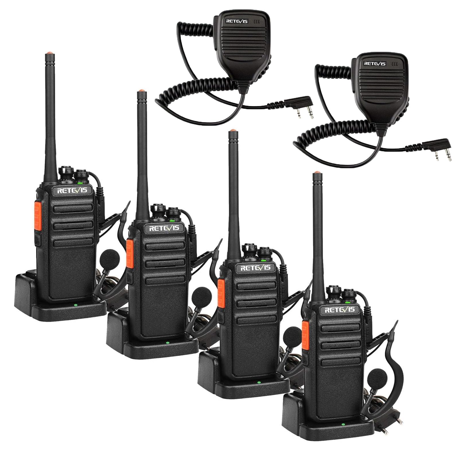 Retevis RT24 Walkie-Talkie Professionali Bundle con Microfono Altoparlante 2 Pin, PMR446 Licenza-Libera con Auricolare, 16 Canali CTCSS/DCS VOX, per Lunga Distanza (4 Radios + 2 Microfoni)