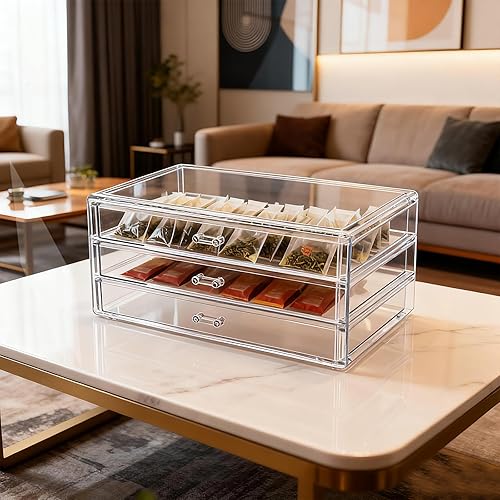 Miniatura 7 de Cajones acrílicos apilables, 9.3 x 5.3 x 4 pulgadas, organizador de maquillaje apilable de acrílico, 3 cajones, organizador de papelería