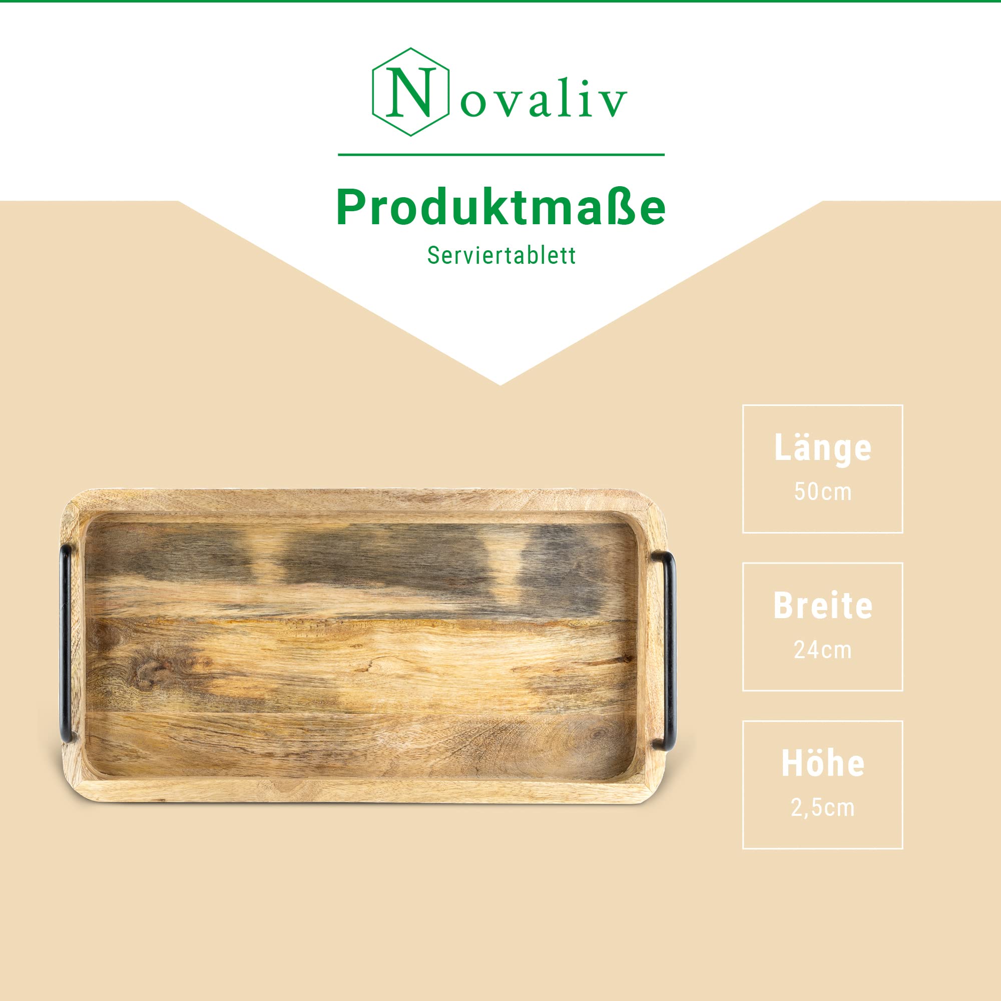 Novaliv Bandeja para servir de madera de mango, 50 x 24 x 2,5 cm, bandeja de madera de alta calidad con asas, bandeja resistente con asa para alimentos, bebidas o como decoración