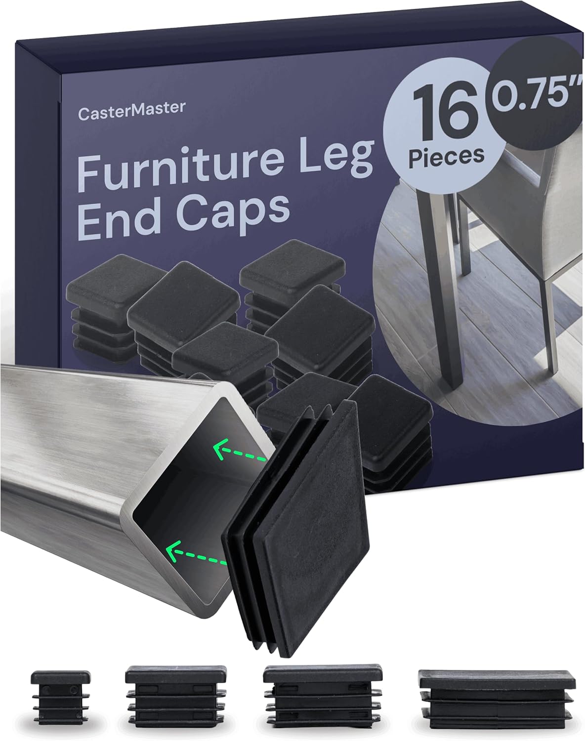 CasterMaster Square Furniture End Leg Caps, Flexible Plug for Chairs Tables & Outdoor Furniture (Black, 0.75'' - 16 Pack)