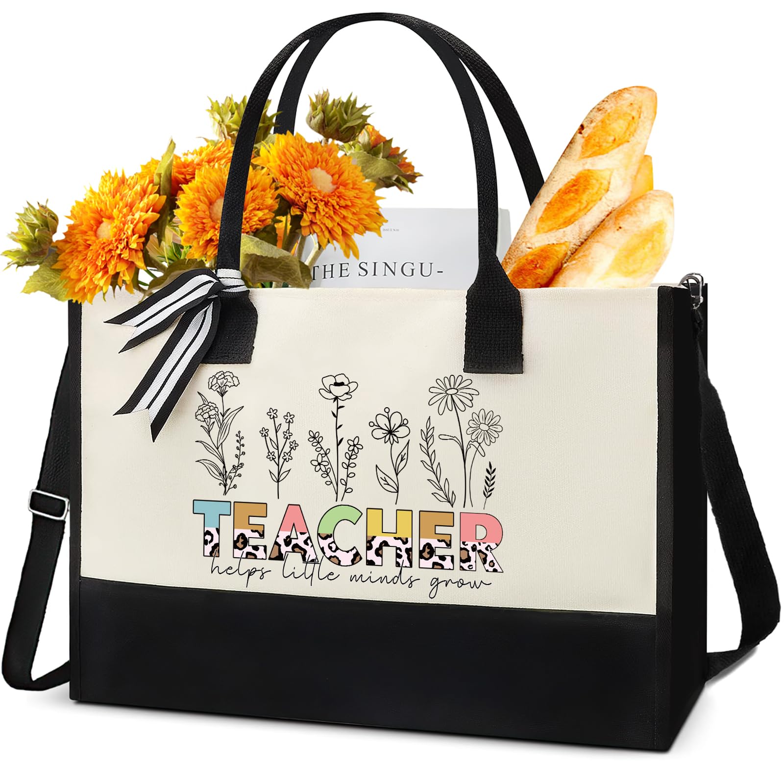 INCOK Teacher Gifts Tote Bag - Tote Bag with Zipper Flower Reusable Handbag Thank You Teacher Retirement Appreciation 2025 Graduation Gifts for Teacher Women Birthday