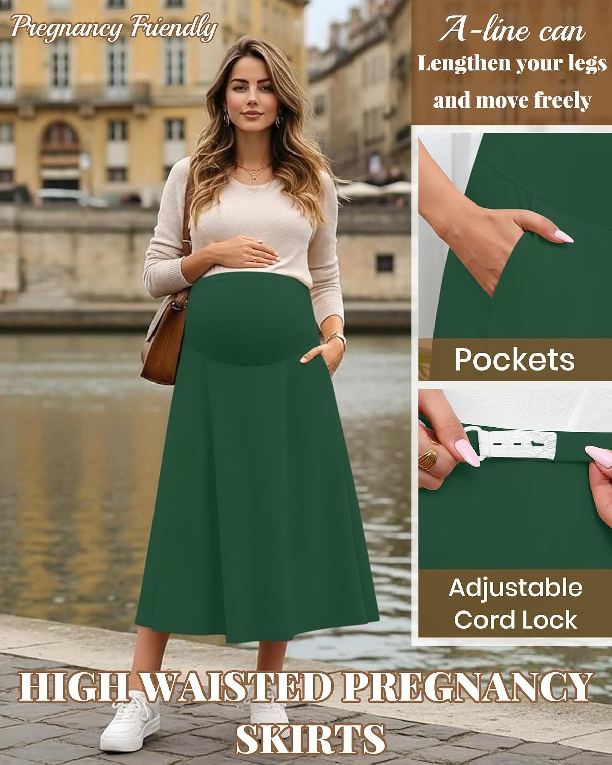3 Pack Women's Maternity Maxi Long Skirts Pockets Over The Belly High Waisted Ankle Length Pregnancy A-line Skirts