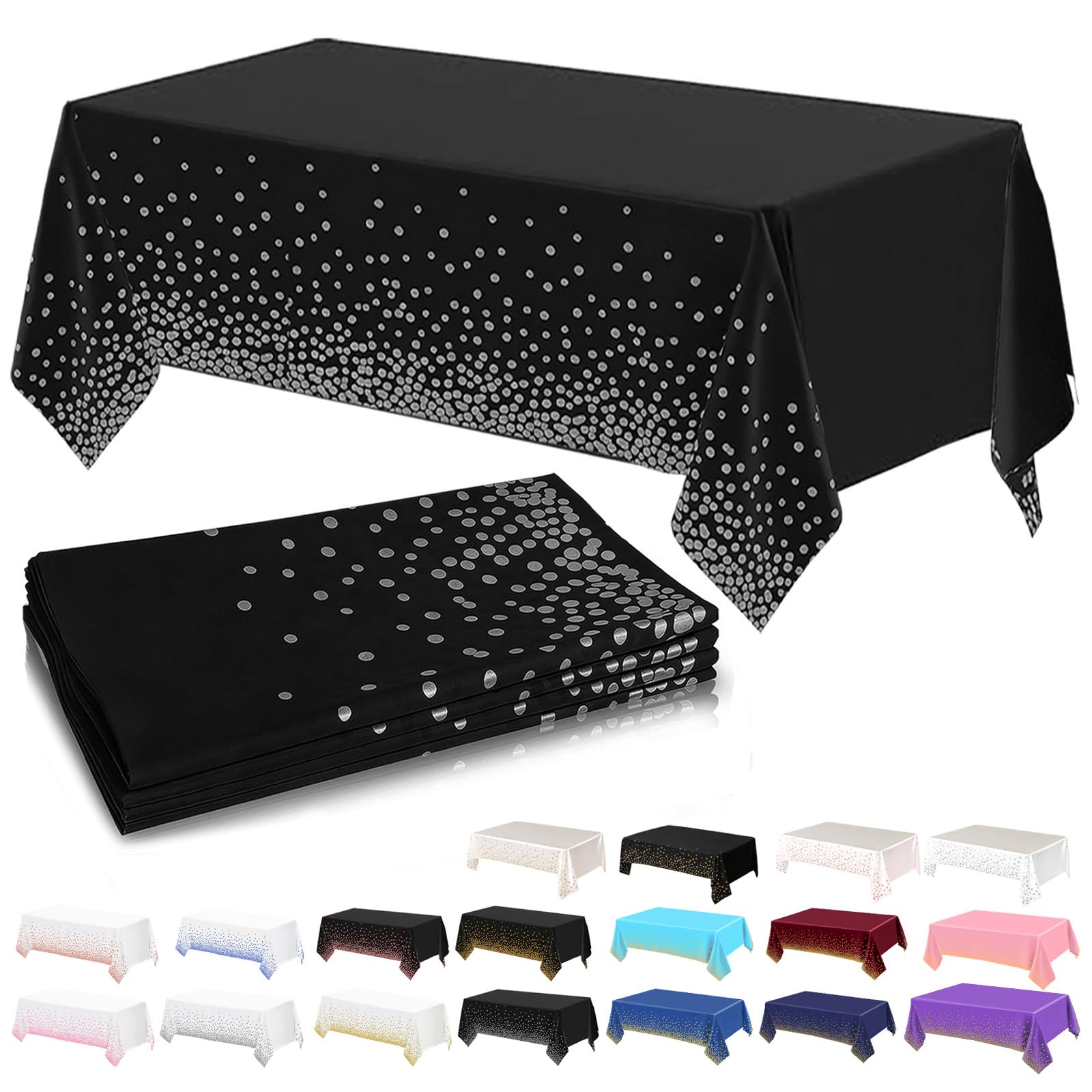 4Pack Plastic Black and Silver Dots Table Cloth Party for Rectangle Tables,137x274cm Decorative Paper Table Cloths for Parties Disposable Table Cover for Picnic,Baby Shower,Wedding,Birthday,Christmas