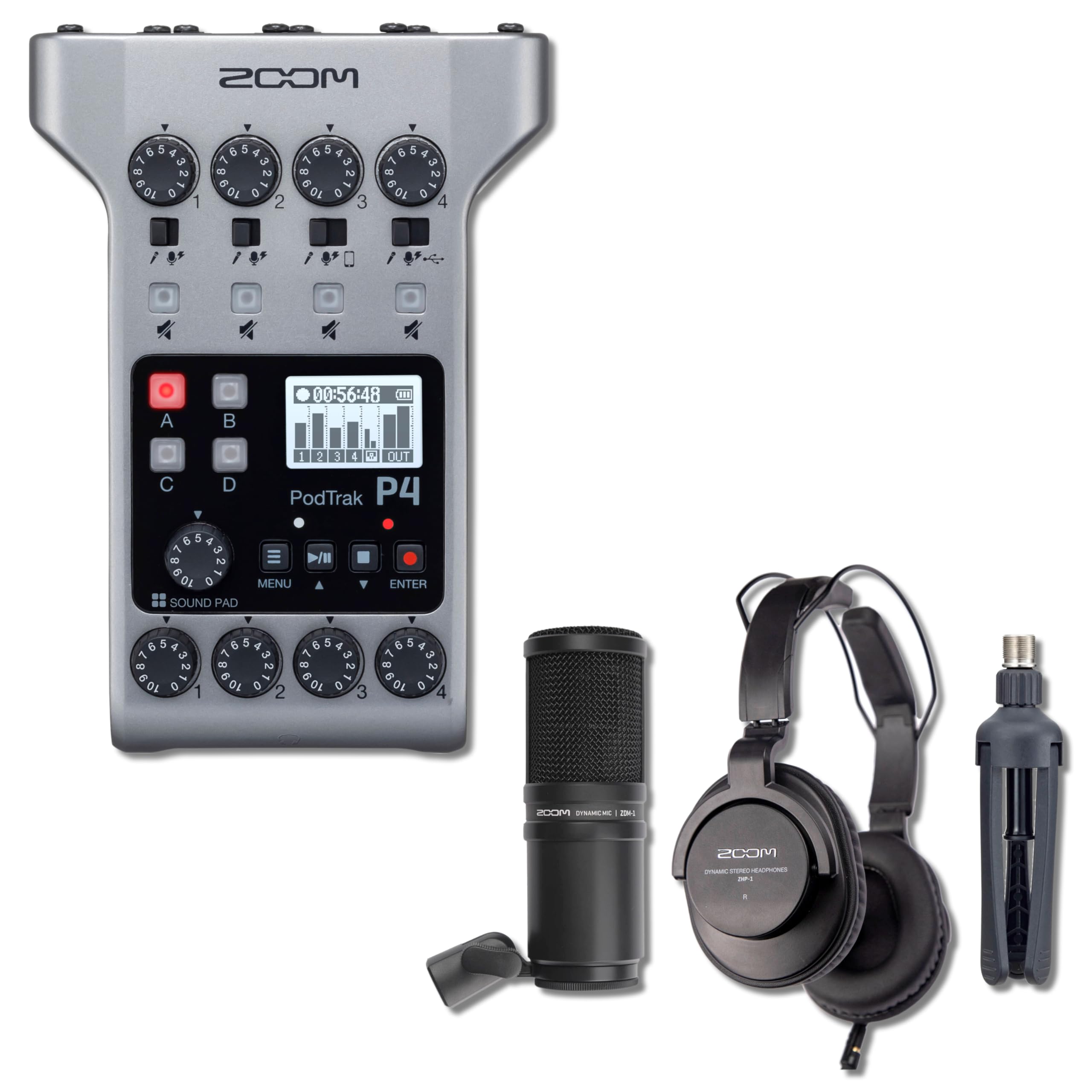 Zoom PodTrak P4 4-Input Portable Recorder with ZDM-1 Podcast Microphone Pack