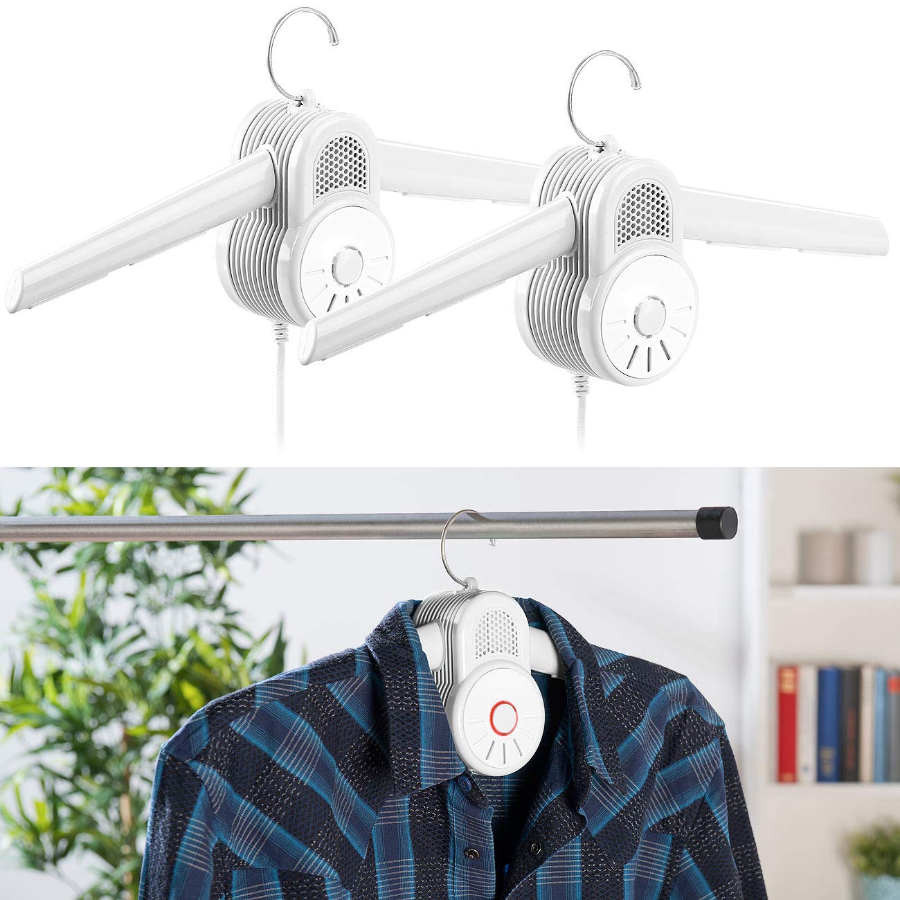 Sichler Haushaltsgeräte Elektrische Kleiderbügel: 2er-Set Wäschetrockner-Kleiderbügel mit Warmluft- & Kaltluft-Gebläse (Trocknerbügel, Lüfterbügel)