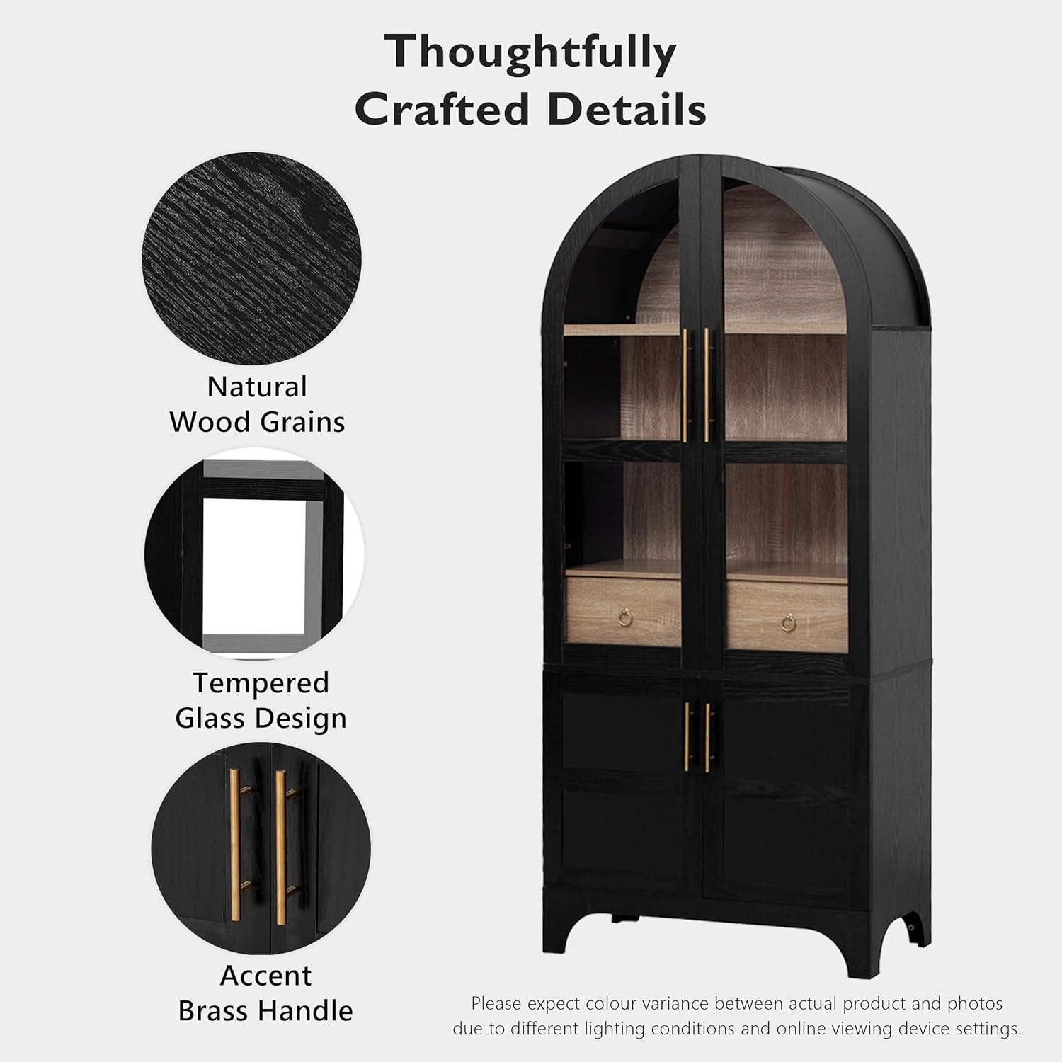 71" Tall Arched Kitchen Pantry Cabinet with Door Shelves, Farmhouse Kitchen Storage Cabinet with Adjustable Shelves, Hidden Drawer & Glass Door, Cupboard for Kitchen, Dining Room, Ash Black