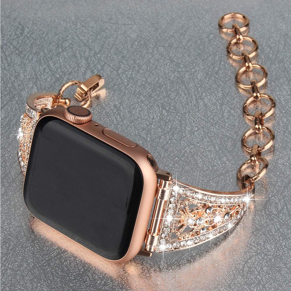 somoder [Hollow Floral Version] Bling Bands Compatible with Apple Watch Band, Vintage Chain Jewelry Cuff Bracelet with Rhinestone Replacement for Iwatch SE Series 7/6/5/4/3/2/1, Sport Edition