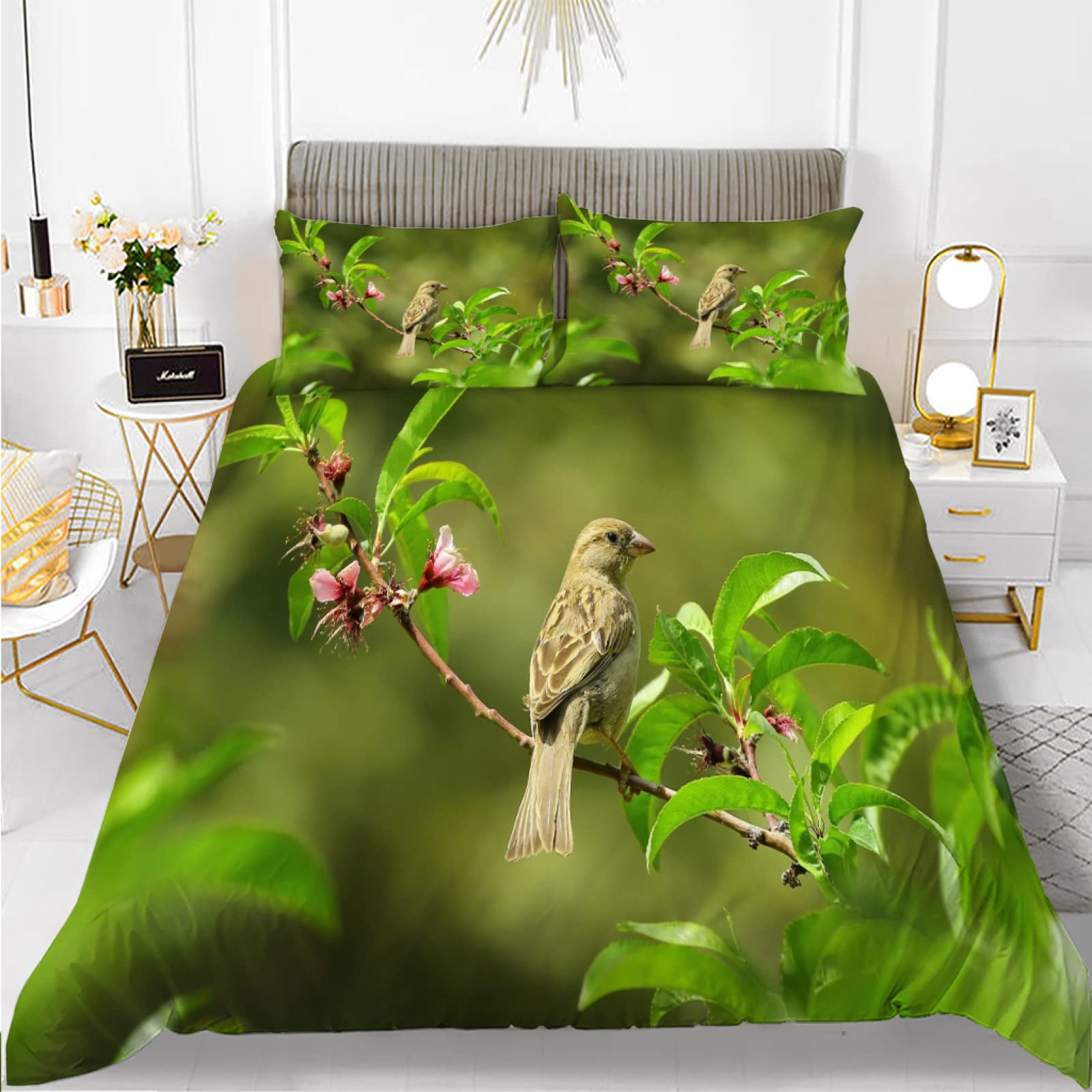 Housse de Couette 140x200 Oiseau Vert Facile à Enfiler Grâce à sa Fermeture Éclair Robuste