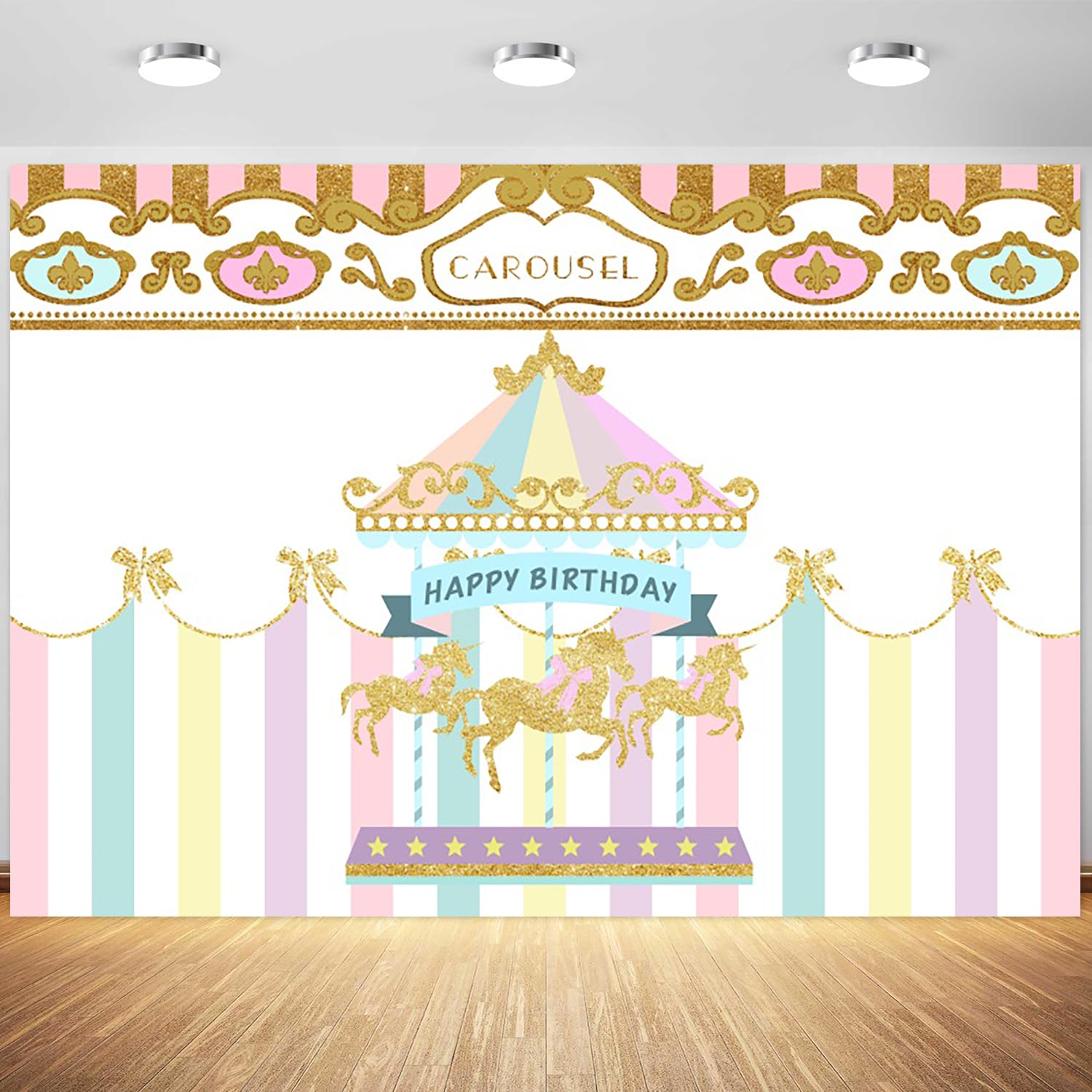 2,4 x 1,8 m Carousel Happy Birthday sfondo rosa striscia tenda oro giostra sfondo fotografia bambina 1 ° compleanno torta decorazioni tavolo forniture foto puntelli