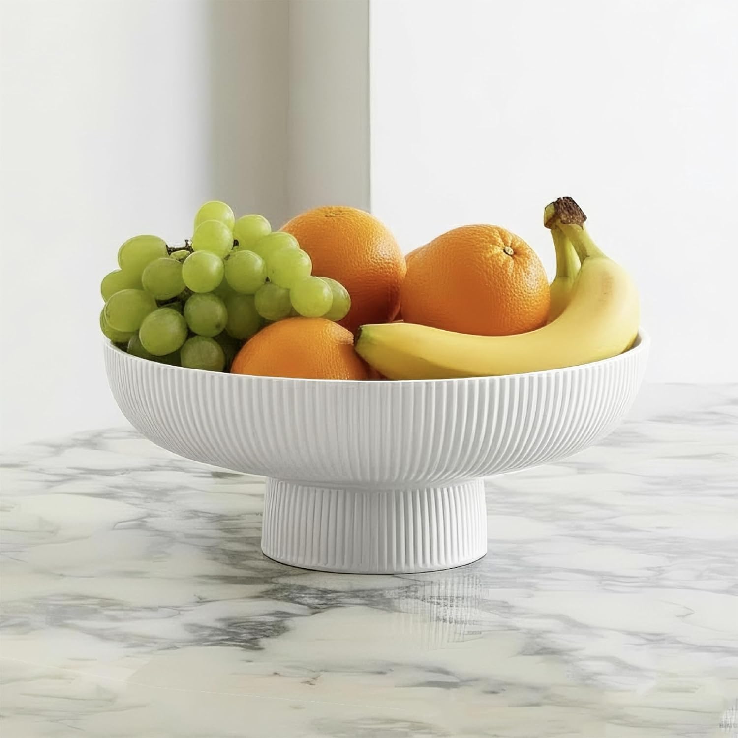 10 Inch Modern Ceramic Fruit Bowl with Removable Draining Base and Pedestal Stand for Kitchen, Dining Table, and Counter Decor (White Stripe)