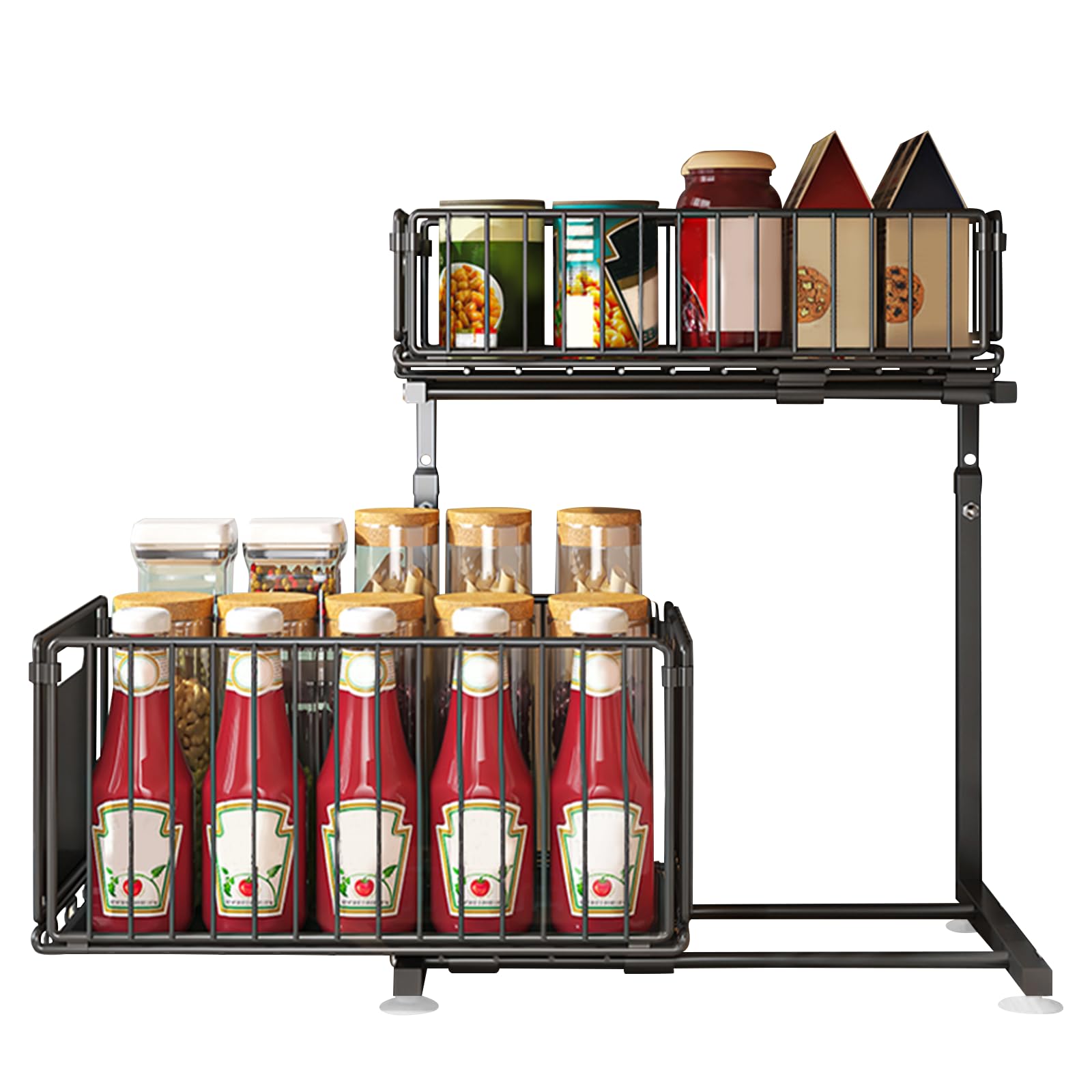 HUOLE Cassetto Portaoggetti A 2 Ripiani Scorrevoli In Metallo Per Cucina E Bagno, Cestello Estraibile 40x26x43 Cm, Nero, Organizer Sottolavello